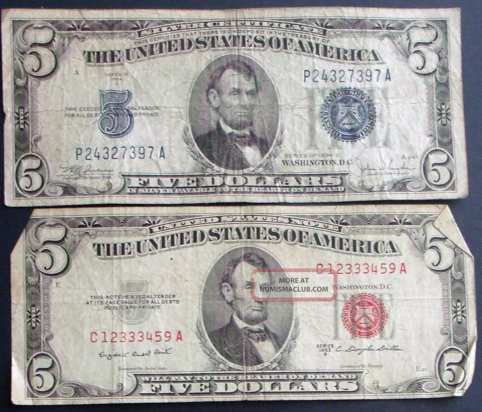 One 1934c $5 Silver Certificate One 1953b $5 United States Note (c12333459a)