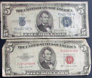 One 1934c $5 Silver Certificate & One 1953b $5 United States Note (c12333459a) photo
