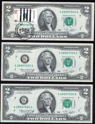 3 Consecutive 1976 $2.  00 Federal Reserve Notes Gems First Day Issue photo