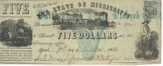 Obsolete Currency State Of Mississipp $5 1862 Xf Note Faith Pledged 51432 photo