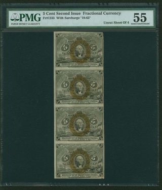 1863 - 67 5 Cent Fractional Currency Fr - 1233 Certified Pmg Au55,  Sheet Of (4) photo