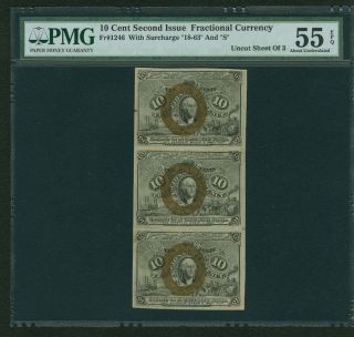 1863 - 67 10 Cent Fractional Currency Fr - 1246 Certified Pmg Au55 - Epq Sheet Of (3) photo