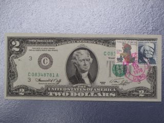 1976 $2 Dollar Bill Bicentennial Note,  1st Day Issue Stamped Frank Lloyd Wright photo