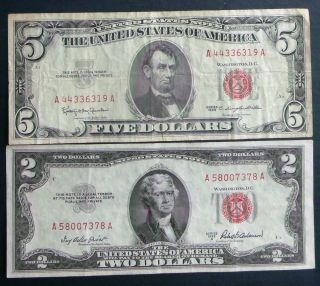 One 1963 $5 & One 1953a $2 United States Notes (a58007378a) photo
