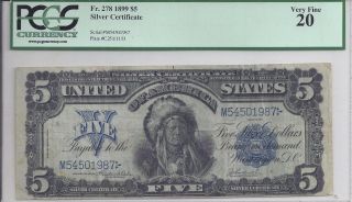 1899 $5 Silver Certificate Chief Running Elk Onepoppa Vf 20,  Fr 278 photo