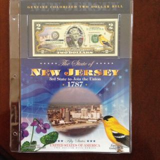 Colorized Two Dollar Bill Jersey 3rd State W/fact Sheet W/serial Number photo