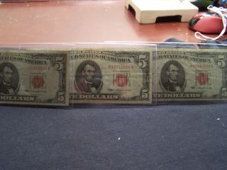 3 - 5 Dollar Red Seal Notes Series 1963 Fine Or Better. photo