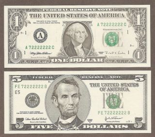 1995 & 2003 - (2) $1.  00 & 5.  00 Unc Matching Solid Poker 7.  2222222 Notes photo