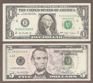 2006 & 2009 - (2) $1.  00 & 5.  00 Ef Matching Solid Poker 2222222.  0 Notes photo