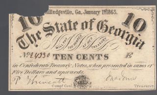 10¢ 1863 Milledgeville Georgia Confederate Csa Ga Old Civil War Paper Money Bill photo