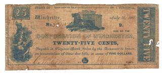 25¢ Winchester Va Blue 1861 Indian Dog Safe Confederate Civil War Obsolete Money photo