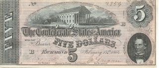 Csa 1864 Confederate Currency T69 $5 Bank Note Au Cr558 Plate B 2854 photo