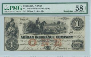 Obsolete Currency Michigan/adrian Insurance Co.  $1 18xx Pmg58 Net Chau 7470 photo