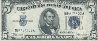 $5 Silver Certificate 1934c N - A Block Extra Fine Blue Seal 637 - Mule 453a photo
