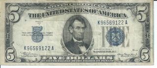 $5 Silver Certificate 1934a K - A Block Fine Blue Seal 637 - Mule 122a photo