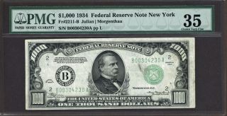 1934 $1000 Federal Reserve Note Fr 2211 - B Julian | Morgenthau Pmg Choice Vf 35 photo
