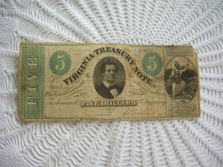 Virginia Treasury Note $5 March 13 1869 Faith Of Commonwealth Pledged No.  34192 photo