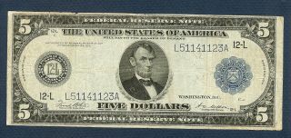 Large Size U.  S.  $5,  White And Mellon,  Series 1914,  S.  F.  Federal Reserve Note photo