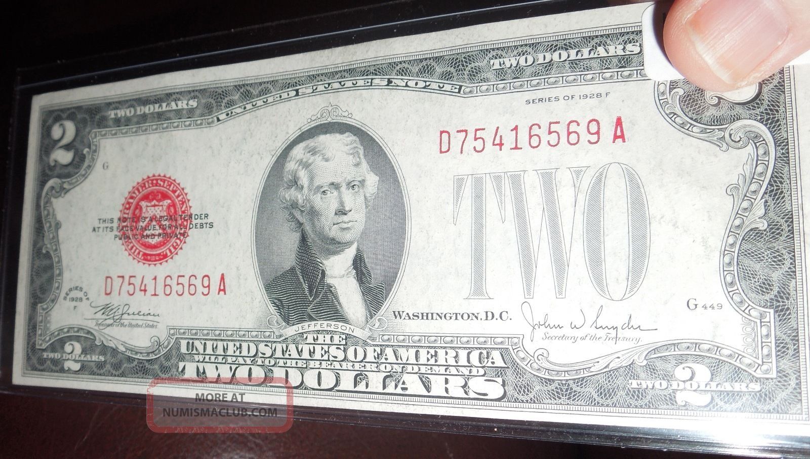 1928 F 2 Dollar Red Seal Us Bill / / Almost Uncirculated