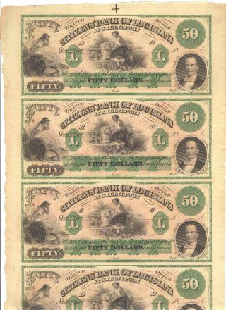 $50 Uncut Obsolete Sheet - 1800 ' S Citizens ' Bank Of Shreveport,  Louisiana photo