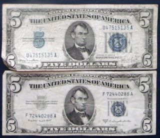 One 1934d $5 & One 1953b $5 Blue Seal Silver Certificate (f72440288a) photo