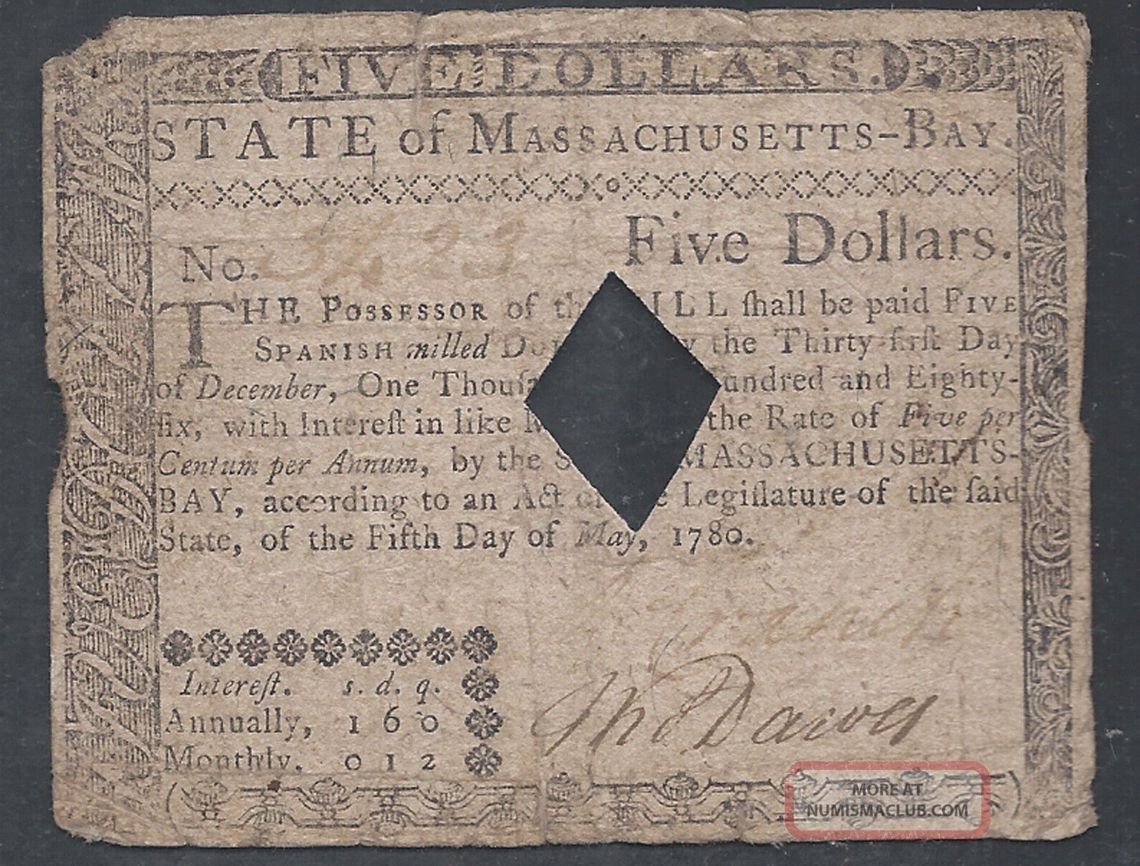 Colonial Currency massachusetts Bay may 5 1780 5 vf