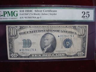 1934c $10 Star Silver Certificate Fr - 1704 Pmg Very Fine 25 photo