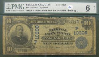 1902 Pmg National City Bank Salt Lake City,  Ut $10 National Note; Ch 10308 photo