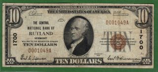 {rutland} $10 The Central National Bank Of Rutland Vermont Ch 1700 photo
