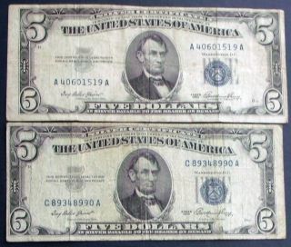 Two 1953 $5 Blue Seal Silver Certificates (c89348990a) photo