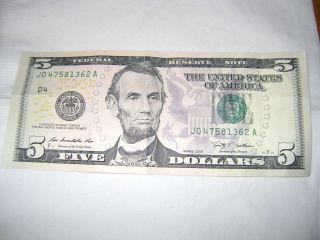 $5 Dollar Straight Number Bill. .  Rare 12345678.  This One 47581362.  No Repeat ' S photo