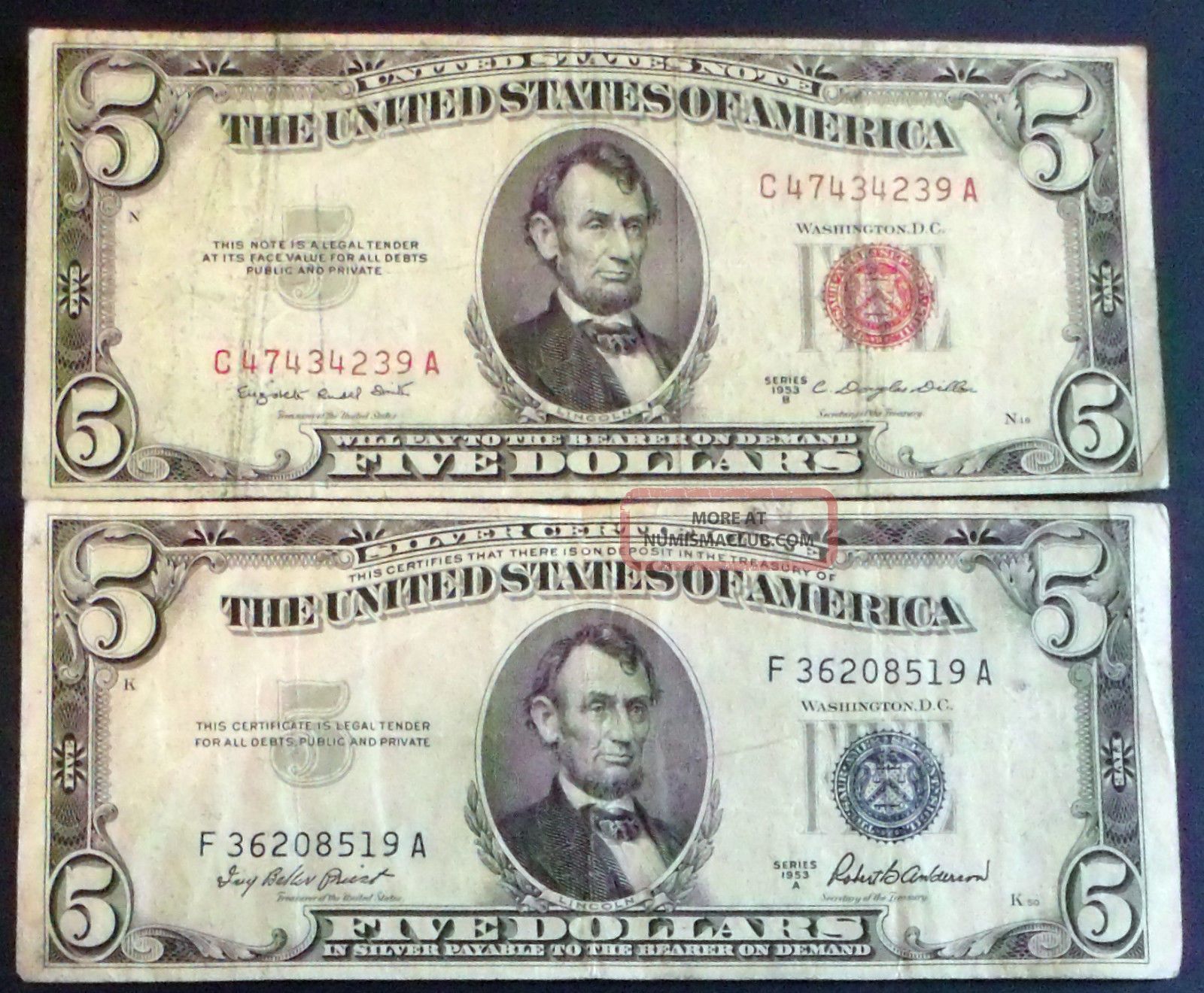 One 1953b $5 United States Note One 1953a $5 Silver Certificate
