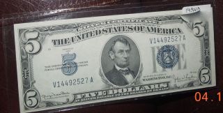 1934 D $5 Dollar Silver Certificate Blue Seal Us Bill / Almost Uncirculated photo