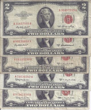 5 Different $2 Red Us Notes 1953 1953a 1953b 1953c 1963 photo