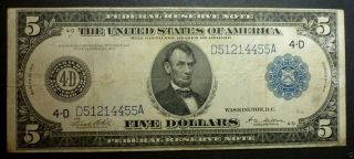 $5.  00 - 1914 Federal Reserve Note - Cleveland,  White/mellon Signers - Vf - 30 photo