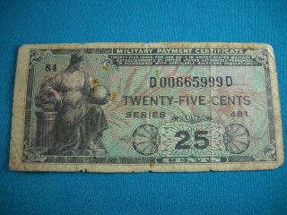 Us,  Military Payment Certificate Series 481 25 Cent Note photo