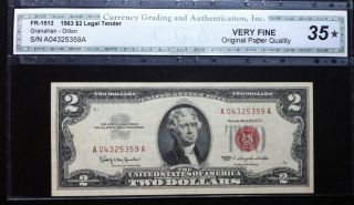 1963 $2 Legal Tender Note - Fr 1513 - Cga Graded 35 Very Fine Orig Paper photo