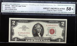 1963 - A $2 Legal Tender Note - Fr 1514 Cga Graded 58 About Uncirculated Opq photo