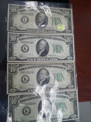 1934c 3 Dallas & 1 Sf Us Ten Dollar $10 Federal Reserve Notes Vf photo