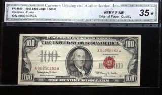 1966 $100 Legal Tender Red Seal Note - Fr 1550 - Cga Graded 35 Very Fine Opq photo