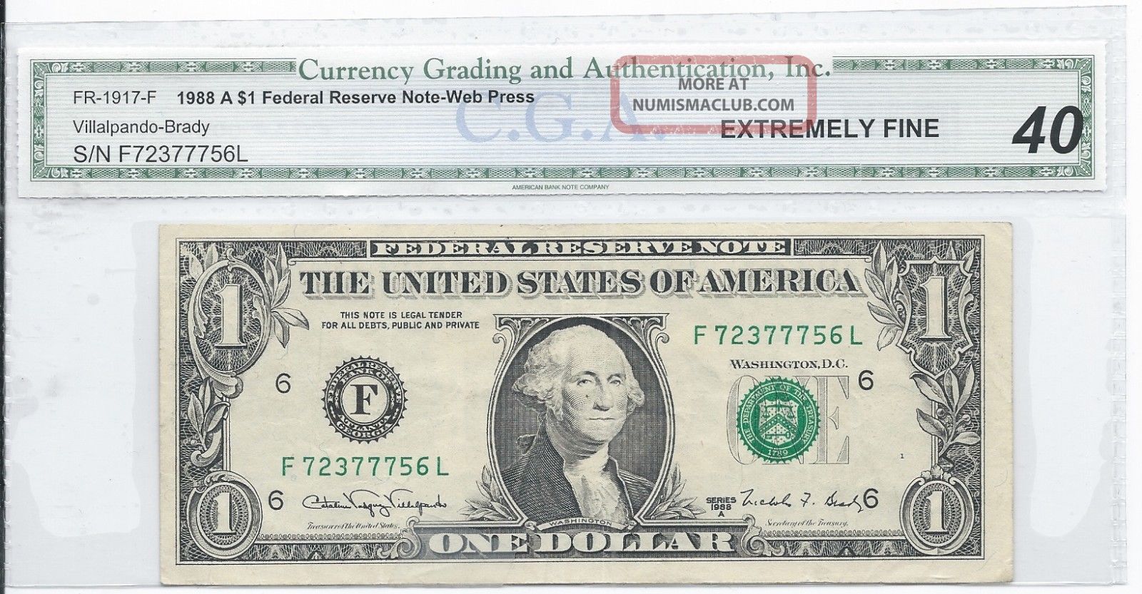 1988a Web Note Graded Cga Xf - 40 Scarce F - L Note Fp 1 Bp 2 Small Size Notes photo