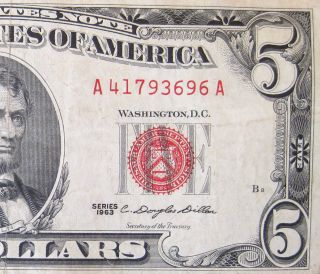 1963 $5 Dollar Red Seal Note - Very Fine More Currency photo