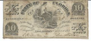 Florida Tallahassee $10 Signed Bank Note Issued 1861 Gov.  Milton Currency 240 photo