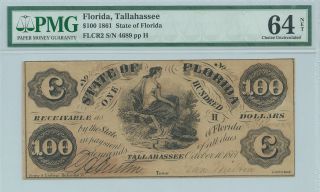 Florida Tallahassee Bank Note $100 Issued 1861 Pmg64 Cr2 Rare 4689 Currency photo
