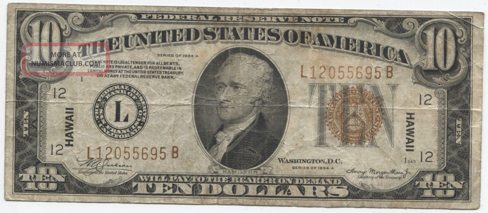 Series 1934 A $10 Hawaii Silver Certificate