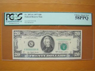 Lucky 1977 $20 Federal Note Fancy Solid Serial 55555555 Pcgs 58ppq About photo