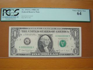 Lucky 1988a $1 Federal Note Fancy Solid Serial 22222222 Pcgs 64 Very Choice photo