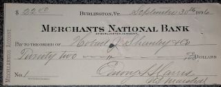 1896 $22 Dollar Prison / Court Check Burlington Vermont Bank Note Draft Vt Ck 1 photo