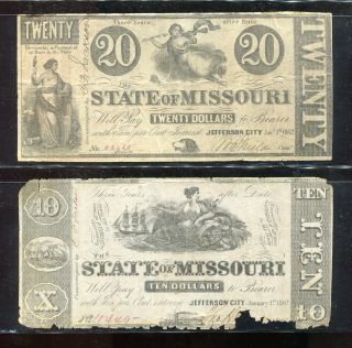State Of Missouri,  Jefferson City 1862 $20 In Fine & $10 Dollars Banknote Circ photo