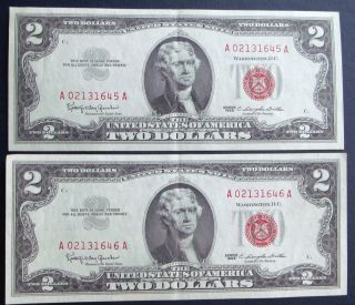 Two Consecutive 1963 $2 United States Notes Almost Uncirculated + photo
